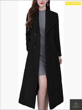 Women's Long Double Breasted Pea Coat Warm Winter Wool Blend Trench Coat
